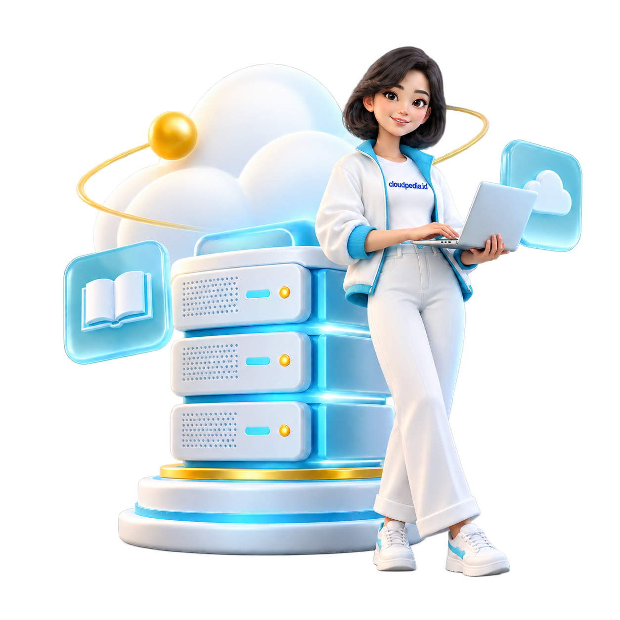 Ilustrasi 3D profesional cloud bersama server, laptop, dan simbol pengetahuan Cloudpedia