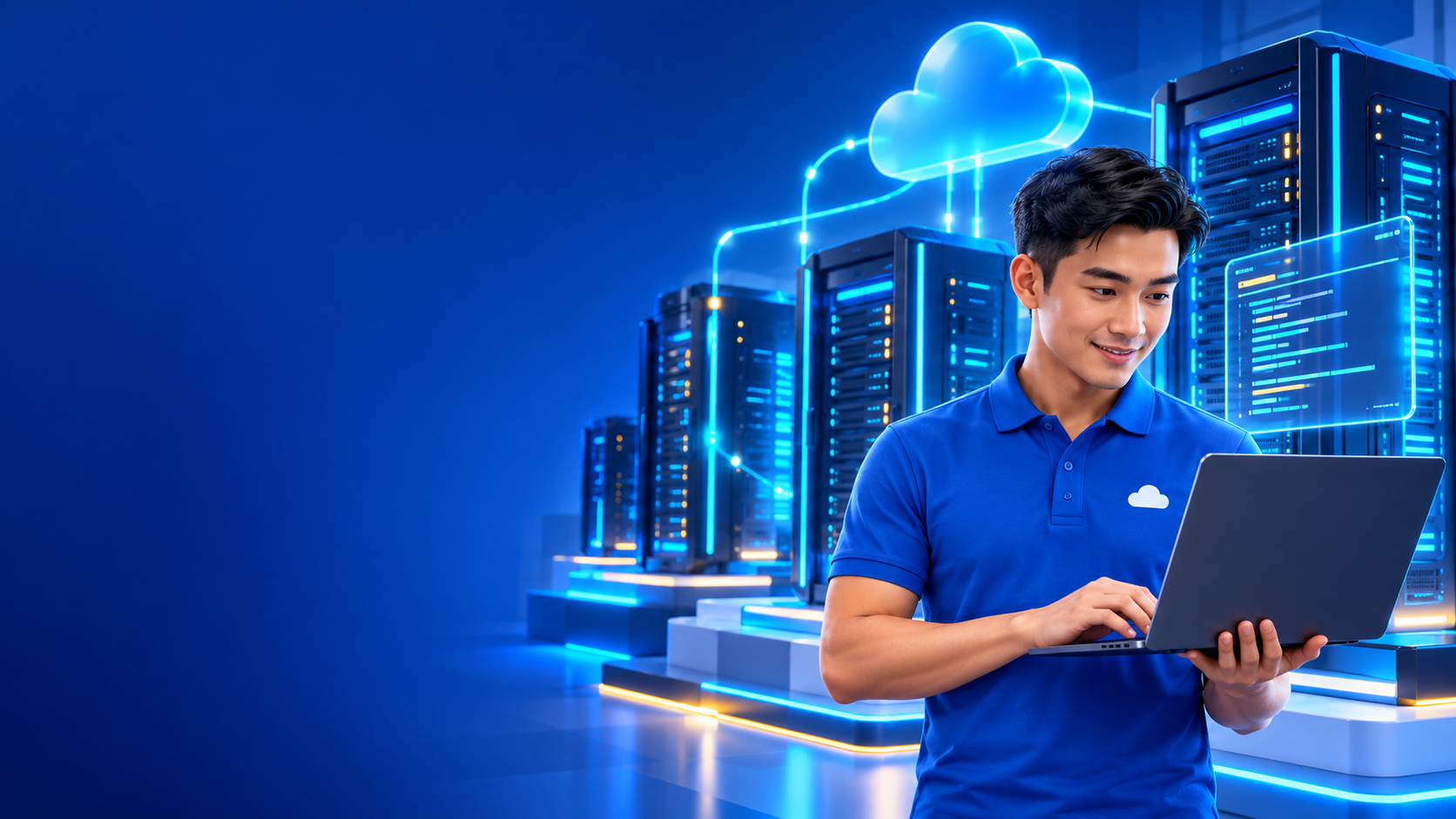 Teknisi Cloudpedia menyiapkan aplikasi di antara server cloud